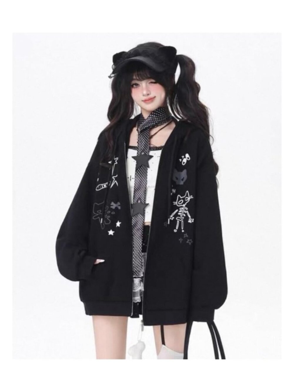 Y2K Cat Ear Zip Hoodie Oversized Fleece Kawaii